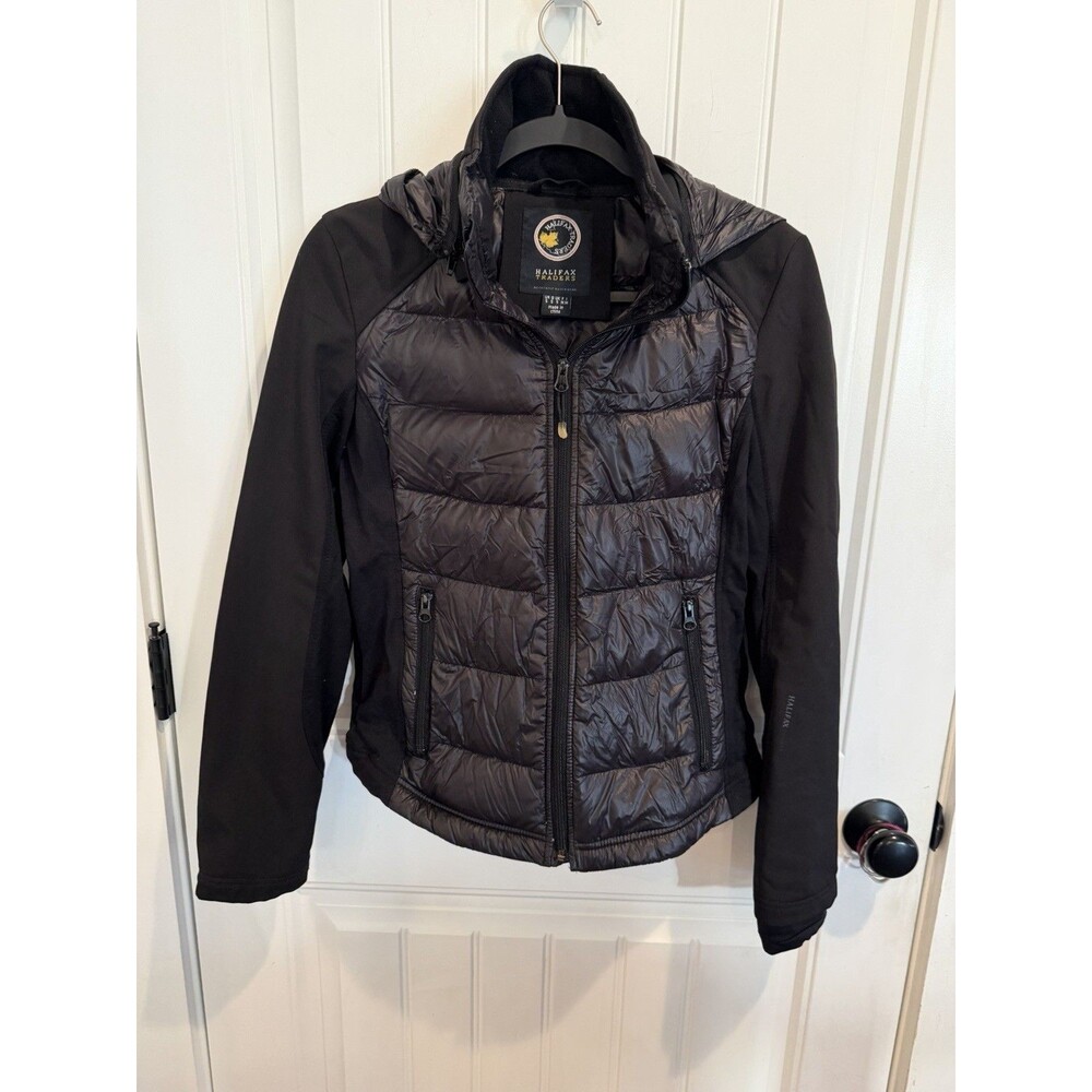 Halifax Traders Womens S Black Hybrid Puffer Jacket Hooded Down Blend Coat